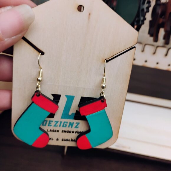 Red and Green Stocking Dangle Earrings - Picture 2 of 7